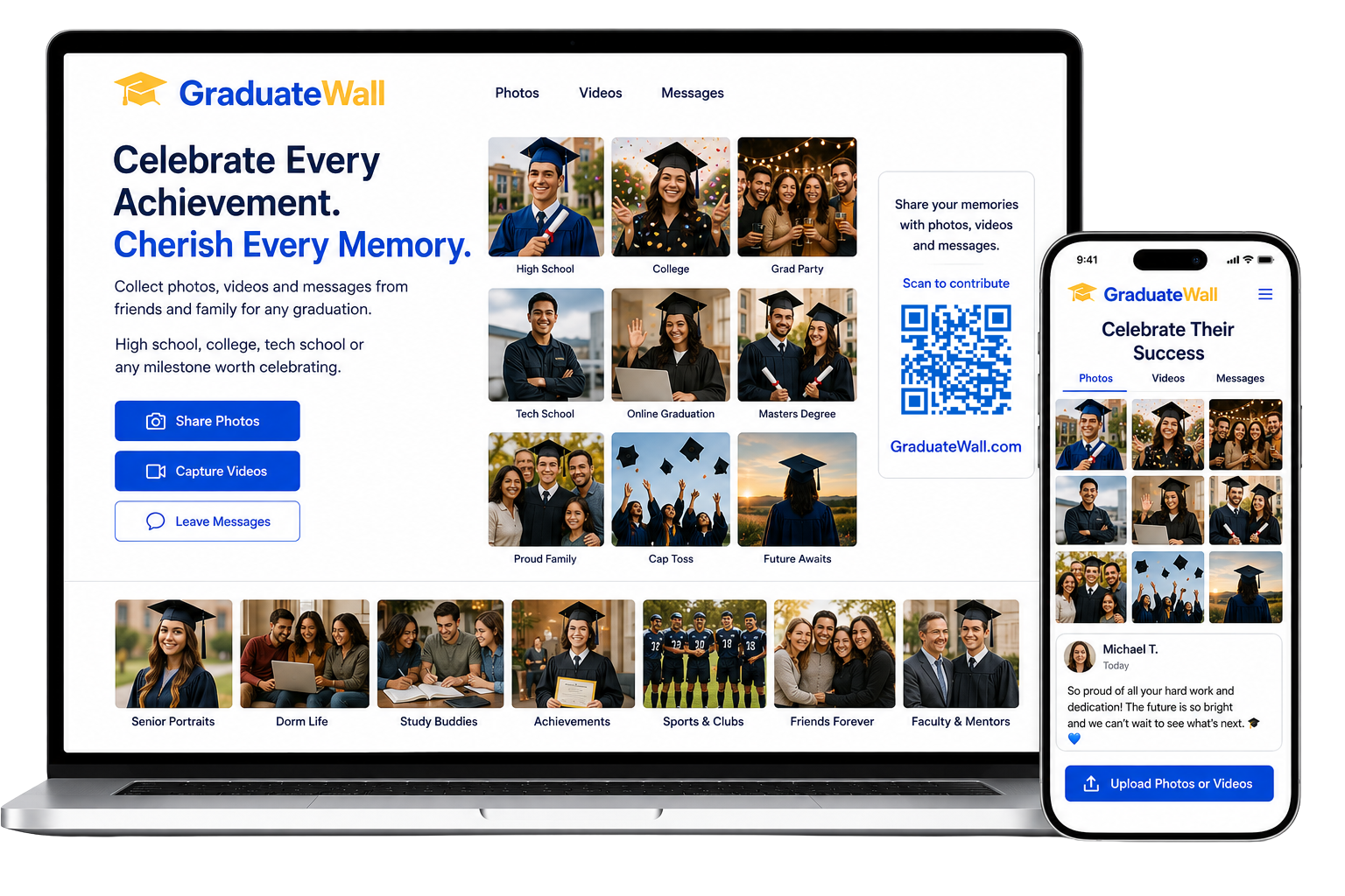 Graduation Party guest scanning a QR code to share photos and videos on GraduateWall